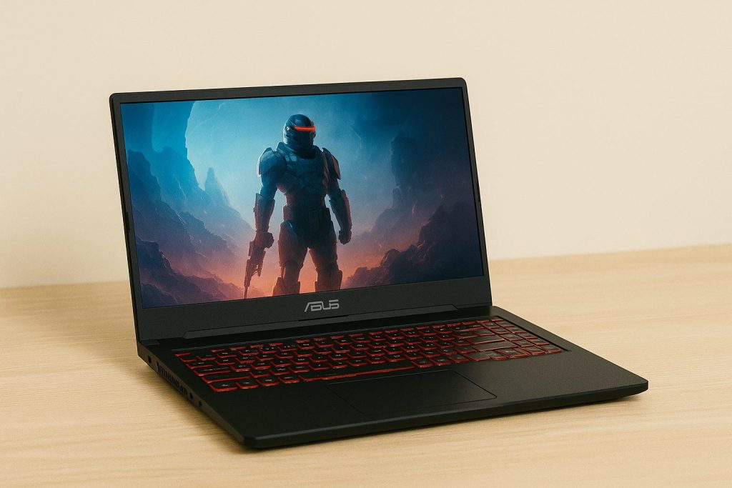 Ordinateur portable ASUS avec clavier RGB, casque et accessoires