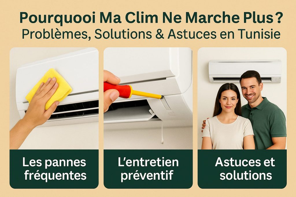 Infographie sur les pannes de climatiseur en Tunisie avec causes fréquentes, solutions simples et modèles recommandés
