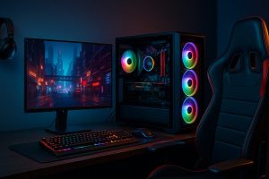 Setup gamer complet en Tunisie avec PC, chaise ergonomique, écran large et casque gaming en 2025