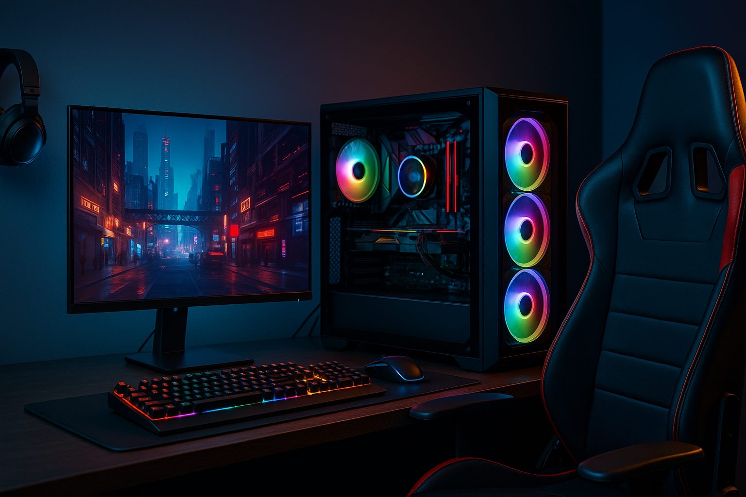 Setup gamer complet en Tunisie avec PC, chaise ergonomique, écran large et casque gaming en 2025