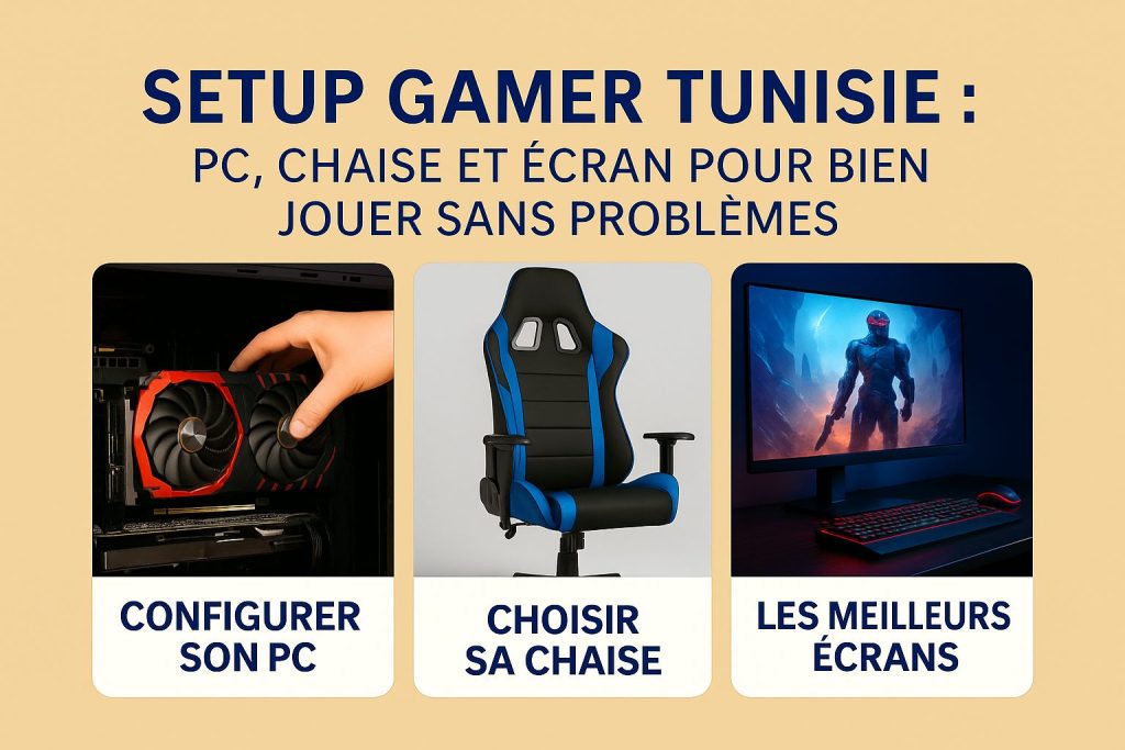 Visuel du guide setup gamer en Tunisie avec configuration PC, chaise ergonomique et écran full HD pour jouer sans problèmes