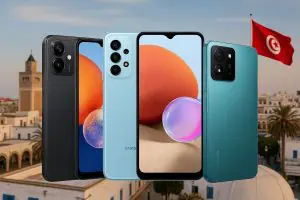 Vue de trois smartphones populaires en Tunisie en 2025 avec appareil photo performant, design moderne et compatibilité 5G, parfaits pour réseaux sociaux et vidéos