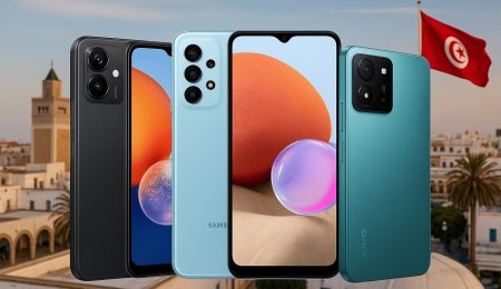 Vue de trois smartphones populaires en Tunisie en 2025 avec appareil photo performant, design moderne et compatibilité 5G, parfaits pour réseaux sociaux et vidéos