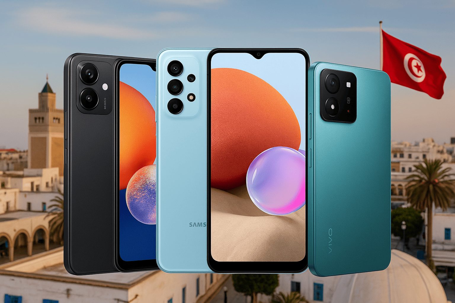 Vue de trois smartphones populaires en Tunisie en 2025 avec appareil photo performant, design moderne et compatibilité 5G, parfaits pour réseaux sociaux et vidéos