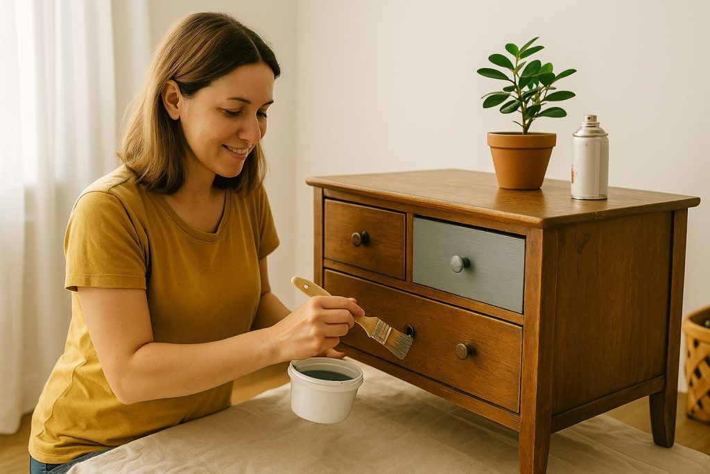Femme tunisienne rénovant un meuble en bois avec une ponceuse – exemple de technique DIY simple pour relooking de meubles d’occasion