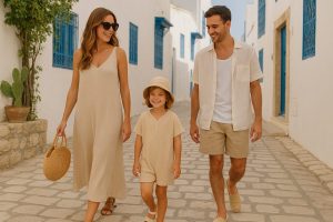 Look estival 2025 en Tunisie : femme en robe fluide, homme en tenue légère et enfant en combinaison dans une ruelle tunisienne