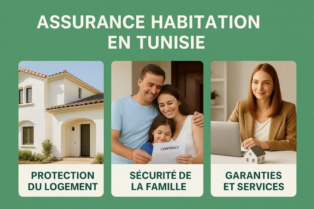 Infographie sur l’assurance habitation en Tunisie présentant trois options : appartement, villa et bureau avec garanties principales