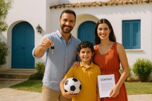 Famille tunisienne devant une maison typique en Tunisie tenant une clé et un contrat, symbole d’assurance habitation et de sécurité