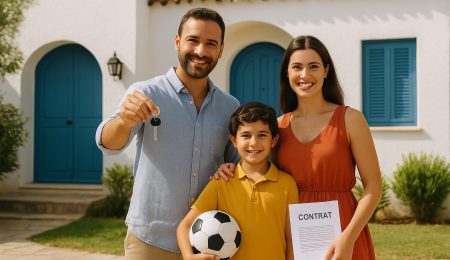 Famille tunisienne devant une maison typique en Tunisie tenant une clé et un contrat, symbole d’assurance habitation et de sécurité