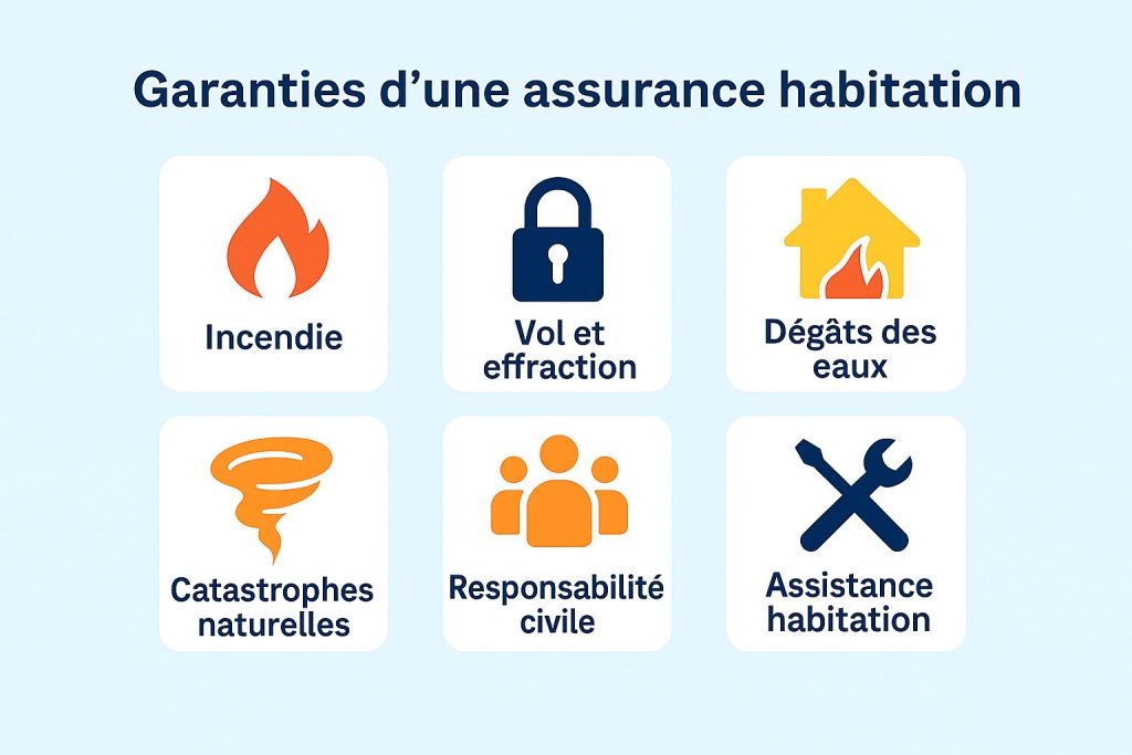 Infographie qui présente incendie, vol, dégâts des eaux, catastrophes naturelles, responsabilité civile et assistance