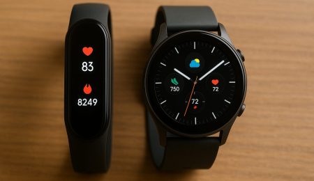 Comparaison entre un bracelet connecté et une smartwatch disponibles en Tunisie, posés sur un bureau moderne – illustration du guide Proxity.tn