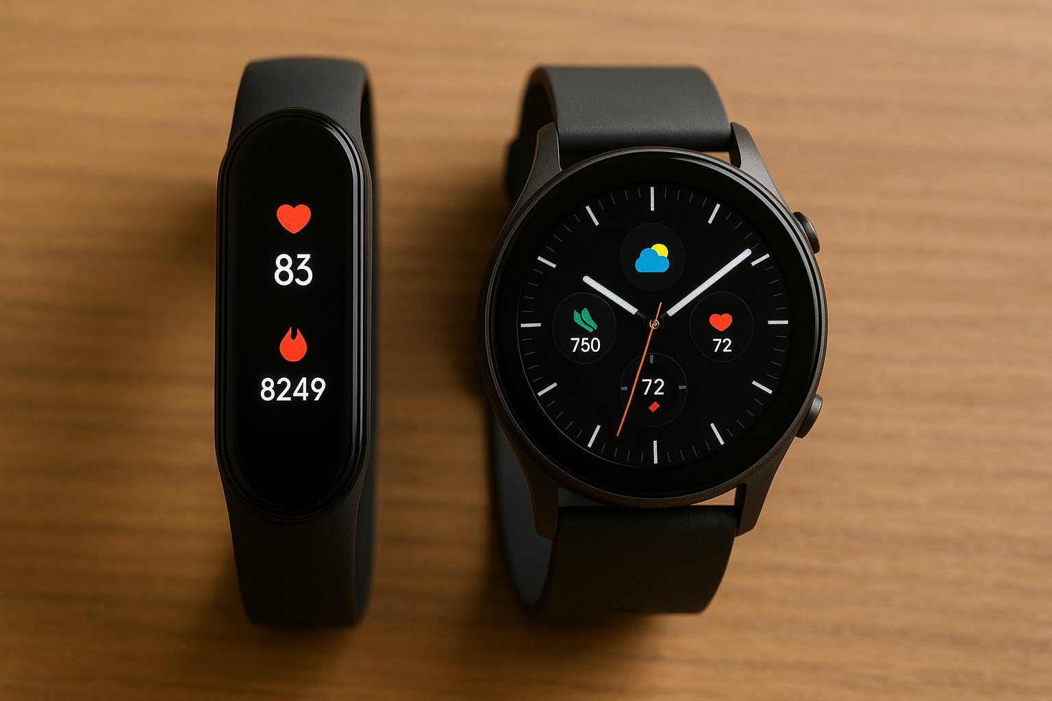 Comparaison entre un bracelet connecté et une smartwatch disponibles en Tunisie, posés sur un bureau moderne – illustration du guide Proxity.tn