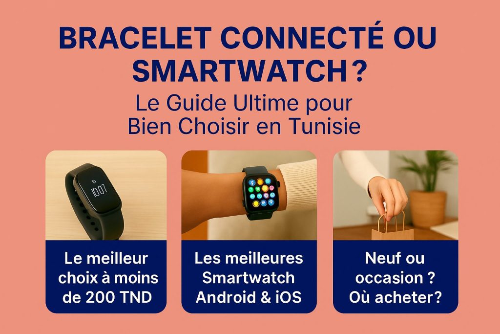 Comparatif entre bracelet connecté et smartwatch : guide d'achat en Tunisie avec options à moins de 200 TND, modèles Android et iOS, et conseils pour achat neuf ou occasion.