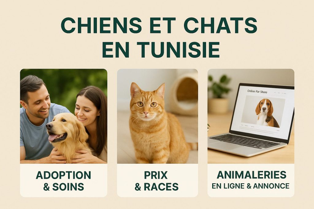 Chiens et chats en Tunisie présentés dans un visuel réaliste, illustrant l’adoption, les animaleries et les annonces fiables.