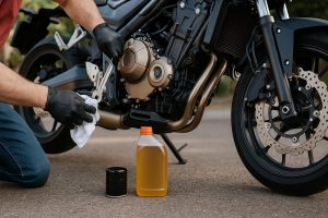 Mécanicien tunisien effectuant l’entretien d’une moto et d’un scooter dans un garage en Tunisie
