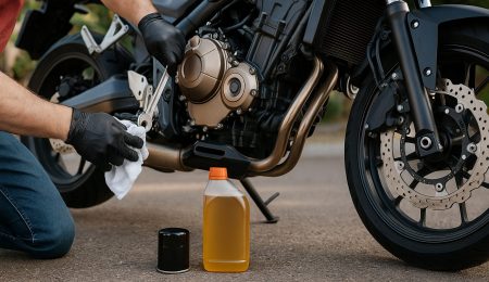 Mécanicien tunisien effectuant l’entretien d’une moto et d’un scooter dans un garage en Tunisie