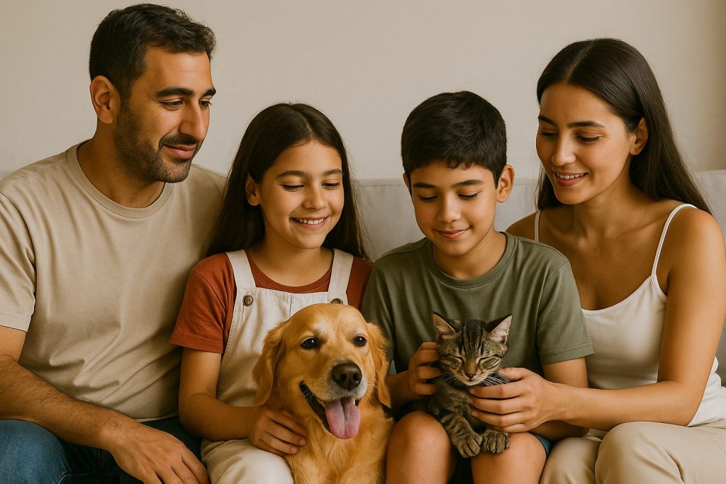 Famille tunisienne dans un salon avec enfants et compagnons