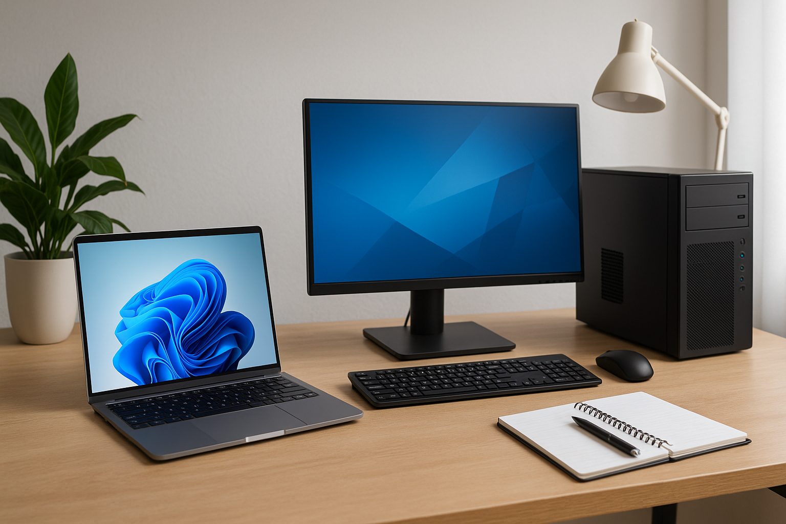 Quel PC choisir en Tunisie : PC portable et PC de bureau sur un bureau moderne