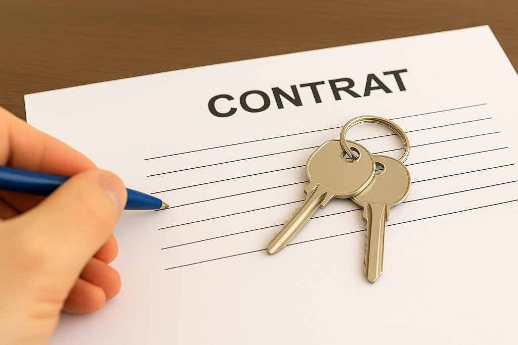 Main signant un contrat en Tunisie avec clés de portes posées sur le document