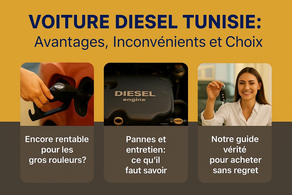 Visuel informatif sur les voitures diesel en Tunisie avec conseils d’achat, avantages, inconvénients et entretien pour faire le bon choix.