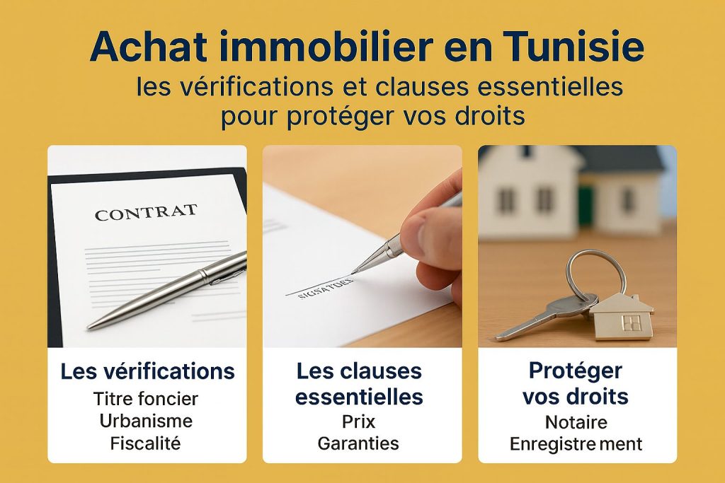 Infographie achat immobilier en Tunisie présentant les vérifications, clauses essentielles et conseils pour protéger ses droits
