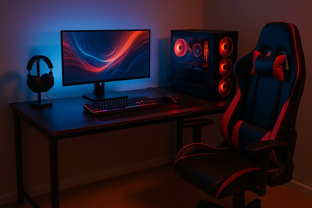 Equipement gamer en Tunisie avec setup RGB, écran large, clavier rétroéclairé et chaise gaming ergonomique