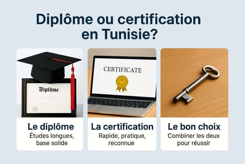 Comparatif visuel en Tunisie entre diplôme académique, certification professionnelle et combinaison gagnante pour réussir sa carrière