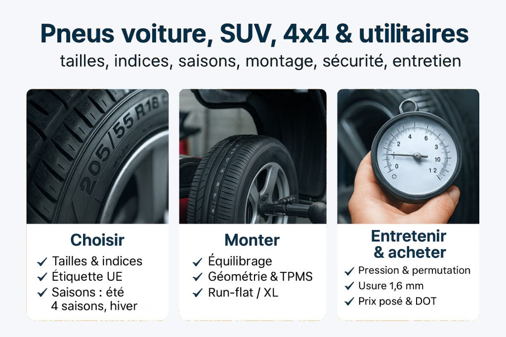 Infographie pneus voiture, SUV, 4x4 & utilitaires : Choisir (tailles/indices, étiquette UE, saisons), Monter (équilibrage, géométrie, TPMS), Entretenir/acheter (pression, permutation, usure 1,6 mm, prix posé, DOT)