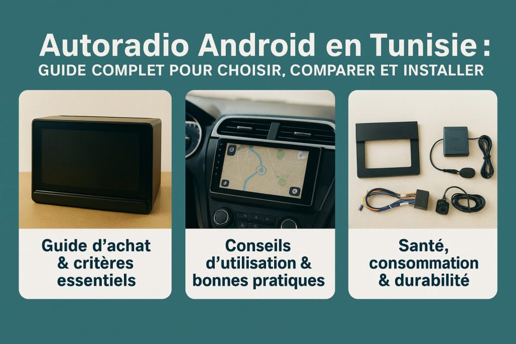 guide d’achat autoradio Android en Tunisie, conseils d’utilisation et bonnes pratiques, et kit d’installation (cadre 2-DIN, faisceau ISO, CANBUS, caméra AHD)