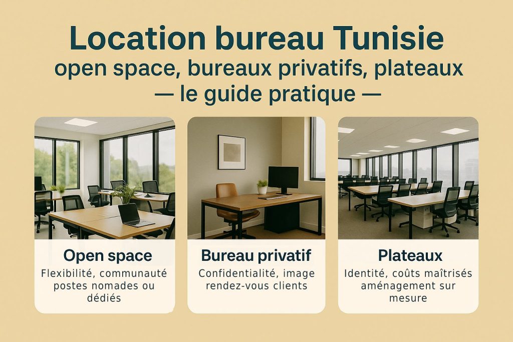 Location bureau Tunisie : trois photos — open space, bureau privatif et plateau de bureaux — pour comparer les formats