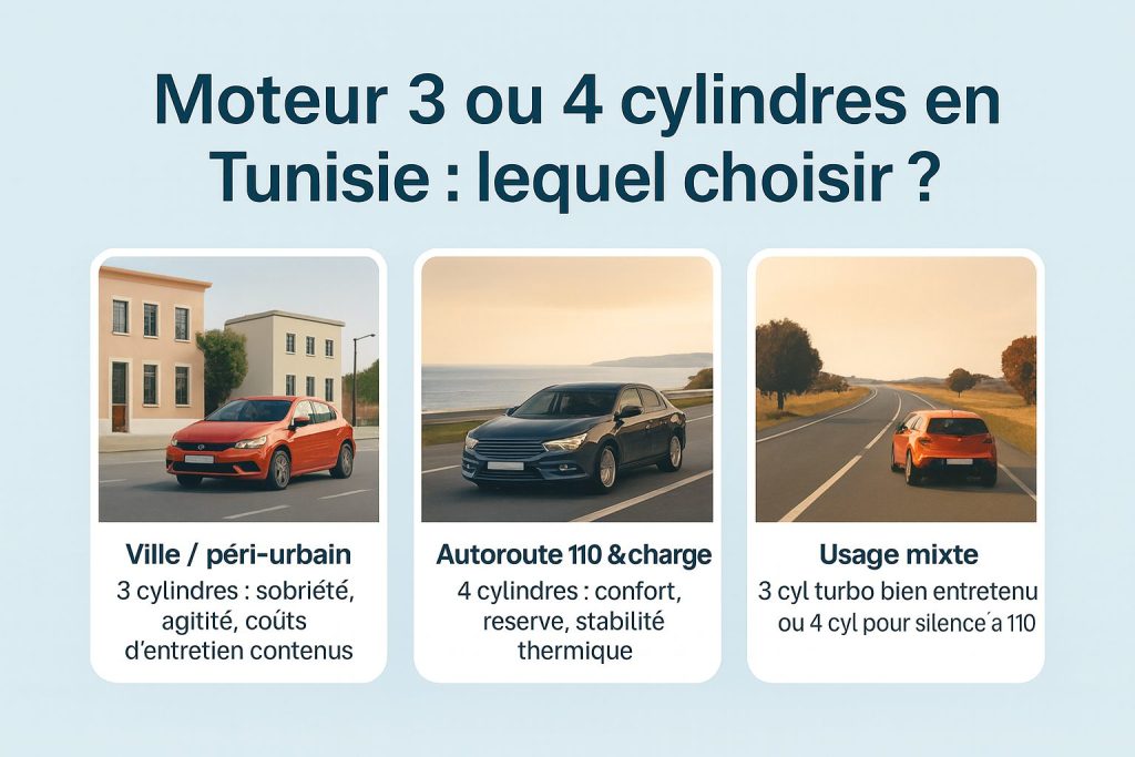 Moteur 3 ou 4 cylindres en Tunisie : trois cartes avec photos réelles — ville/péri-urbain, autoroute 110 & charge, usage mixte