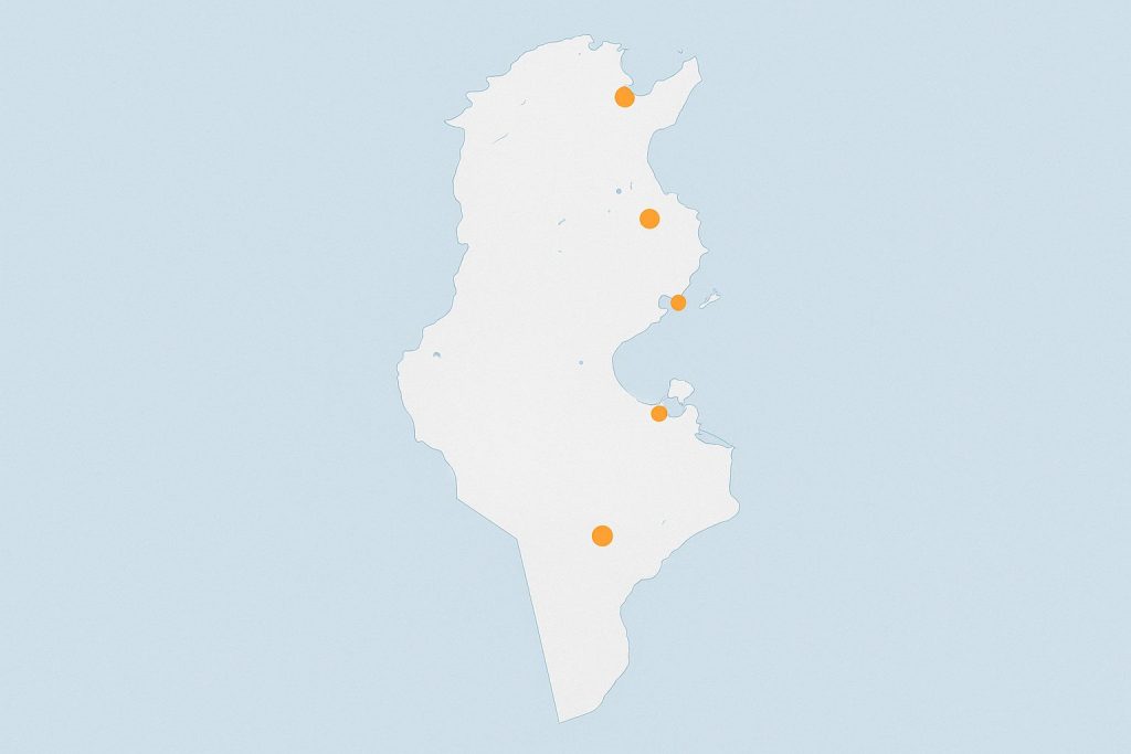 Carte de la Tunisie avec marqueurs des villes