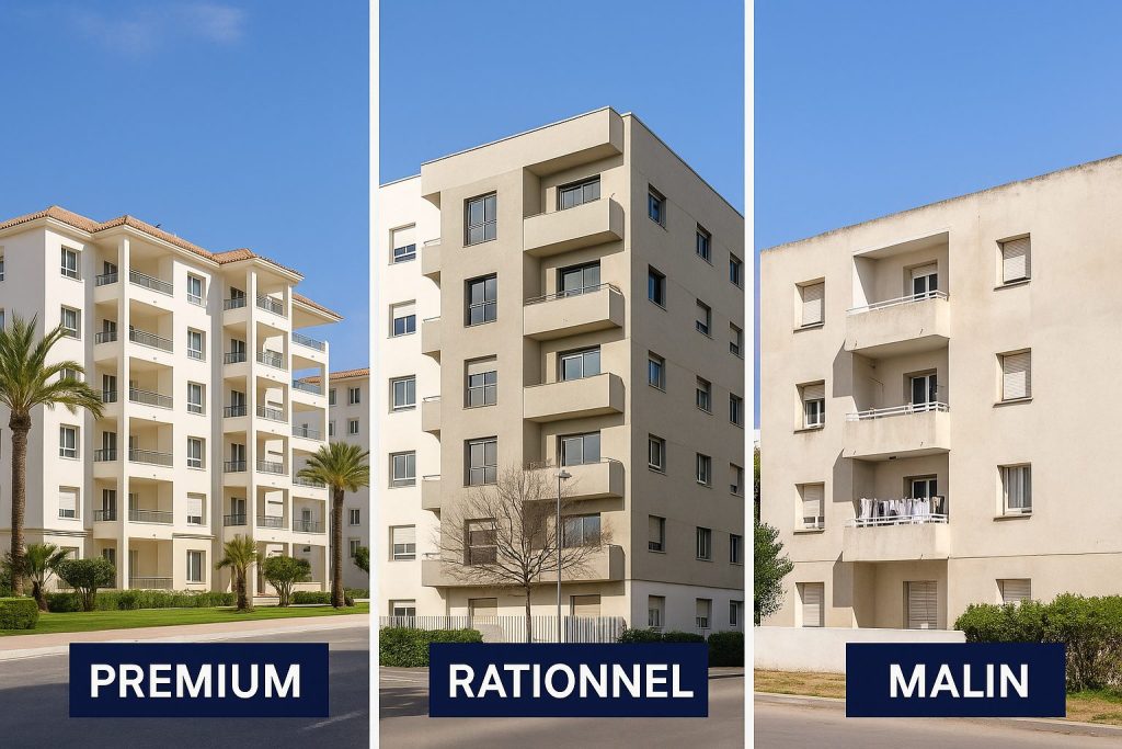 Trois vues de quartiers résidentiels en Tunisie illustrant les niveaux de location (premium, rationnel, malin)