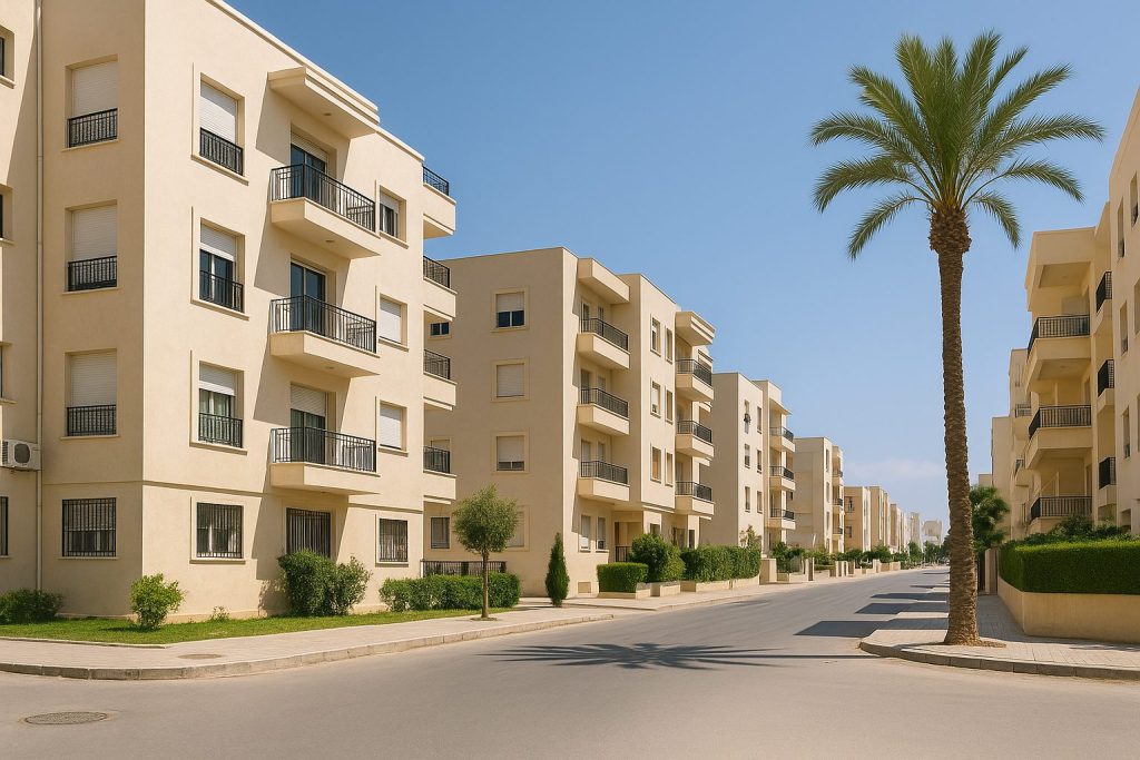 Quartier résidentiel moderne à Tunis nord avec immeubles récents et palmiers