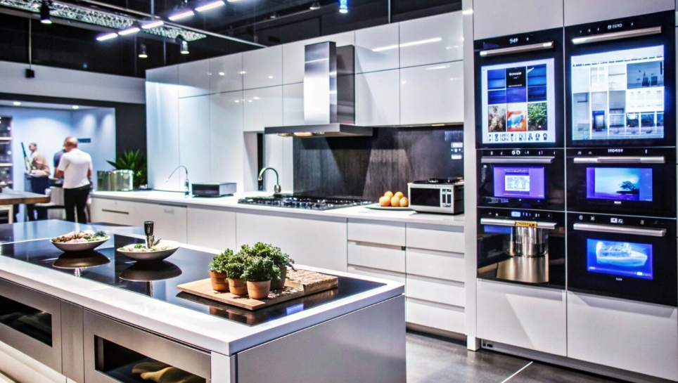 Cuisine design blanche équipée avec électroménager encastré
