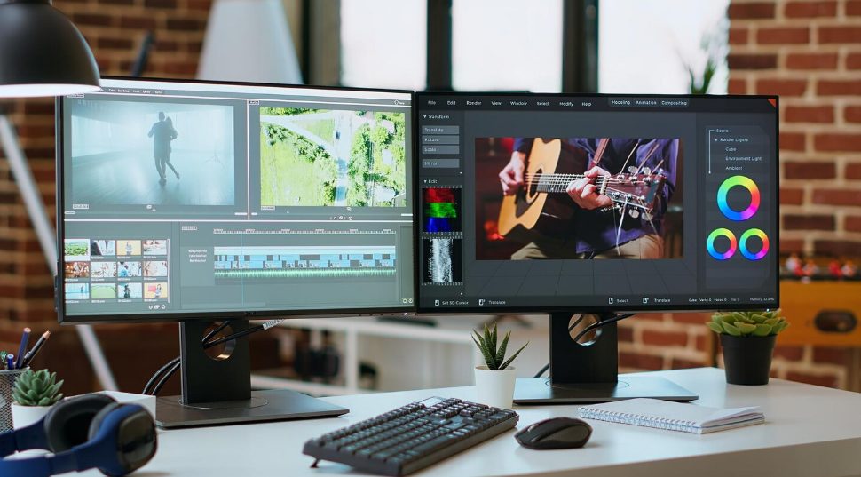 Bureau équipé de deux moniteurs montrant une interface de montage vidéo