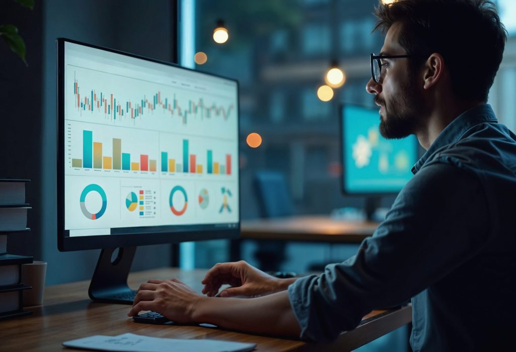 Homme analysant un tableau de bord d’analytique business
