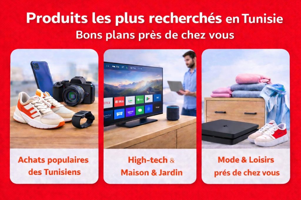 produits les plus recherchés en Tunisie, bons plans près de chez vous – high-tech (smart TV, assistant vocal, PC), achats populaires, maison & jardin, mode et loisirs