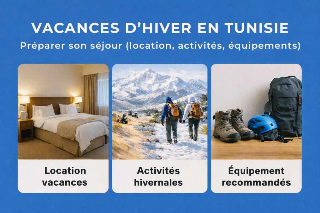 Visuel en trois blocs pour préparer des vacances d’hiver en Tunisie : location de vacances, activités hivernales et équipements recommandés.