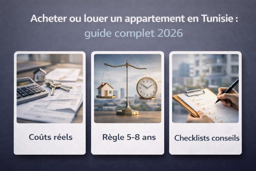Acheter ou louer un appartement en Tunisie (guide complet 2026) avec 3 points clés : coûts réels, règle 5–8 ans et checklists conseils