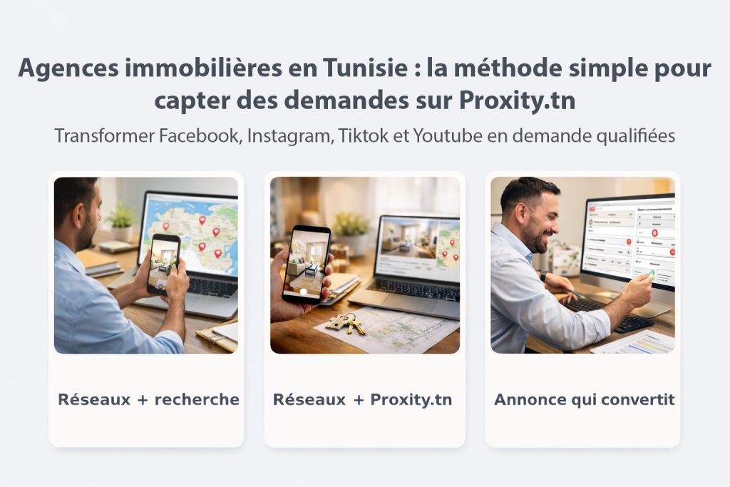 Immobilier Tunisie pour agences : réseaux + recherche, publication sur Proxity.tn et annonce qui convertit.
