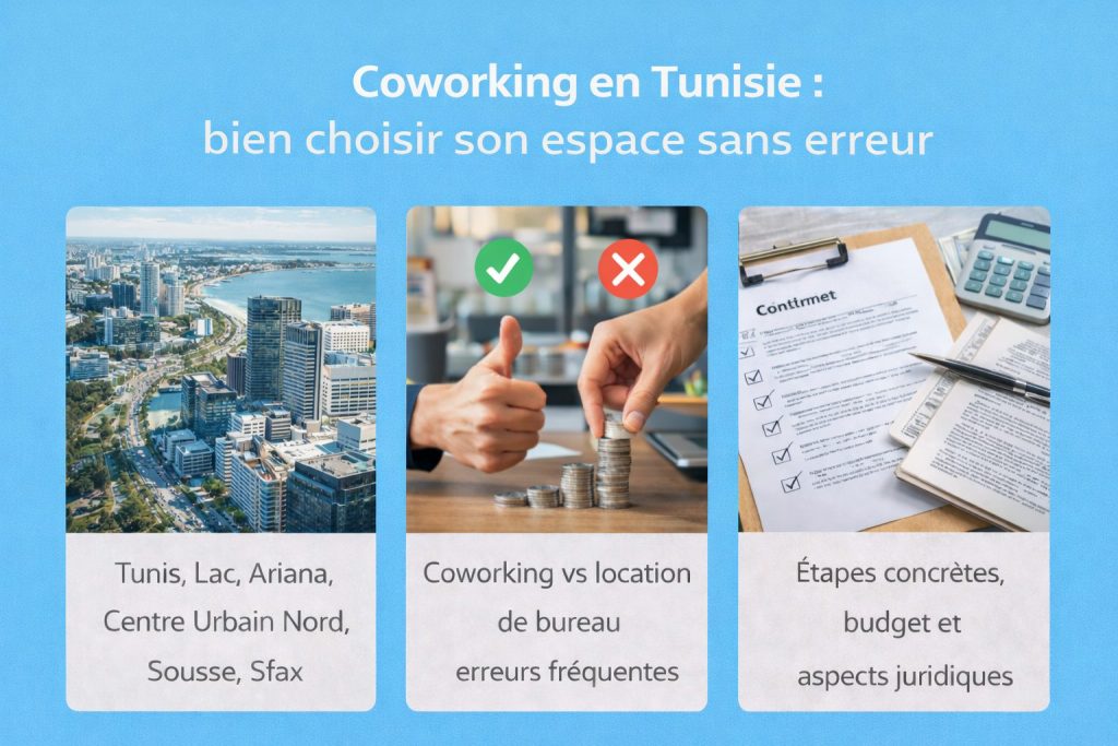 Coworking en Tunisie : villes, comparatif coworking vs bureau et checklist budget contrat