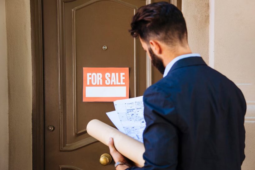 Homme consultant des plans devant une porte avec un panneau indiquant un bien à vendre