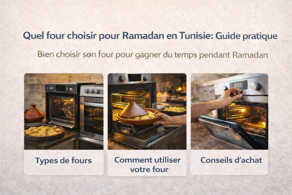 Visuel résumé en 3 parties pour choisir un four pendant Ramadan en Tunisie : types de fours, comment utiliser votre four, conseils d’achat