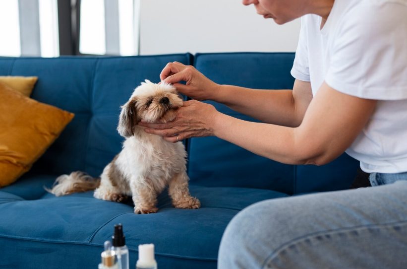 Propriétaire appliquant un traitement antiparasitaire à son petit chien à domicile sur un canapé bleu.
