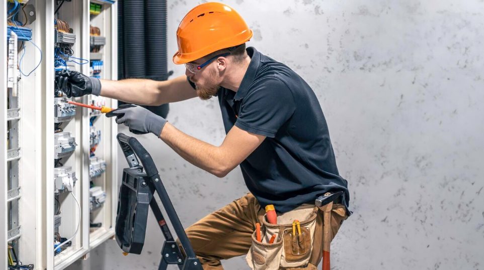 Électricien professionnel effectuant une intervention sur installation électrique