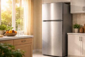 frigo moderne dans une cuisine lumineuse, illustration du guide d’achat frigo en Tunisie (prix, capacité et consommation STEG)