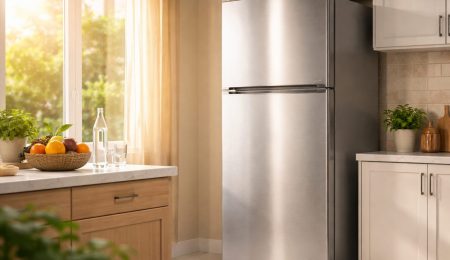 frigo moderne dans une cuisine lumineuse, illustration du guide d’achat frigo en Tunisie (prix, capacité et consommation STEG)