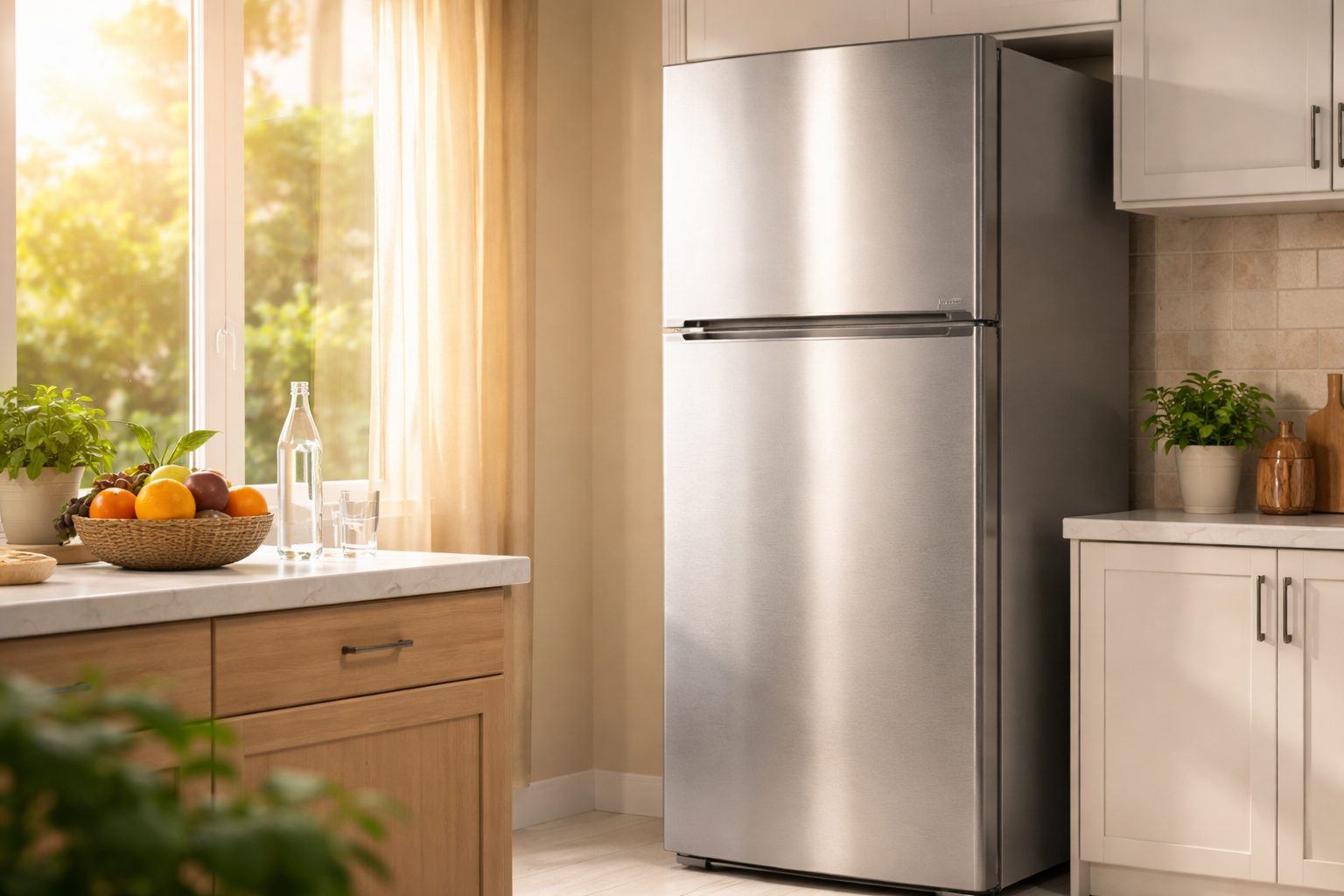 frigo moderne dans une cuisine lumineuse, illustration du guide d’achat frigo en Tunisie (prix, capacité et consommation STEG)