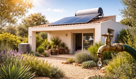 Maison écologique en Tunisie avec chauffe-eau solaire sur toiture et robinet d’économie d’eau dans un jardin xérophile